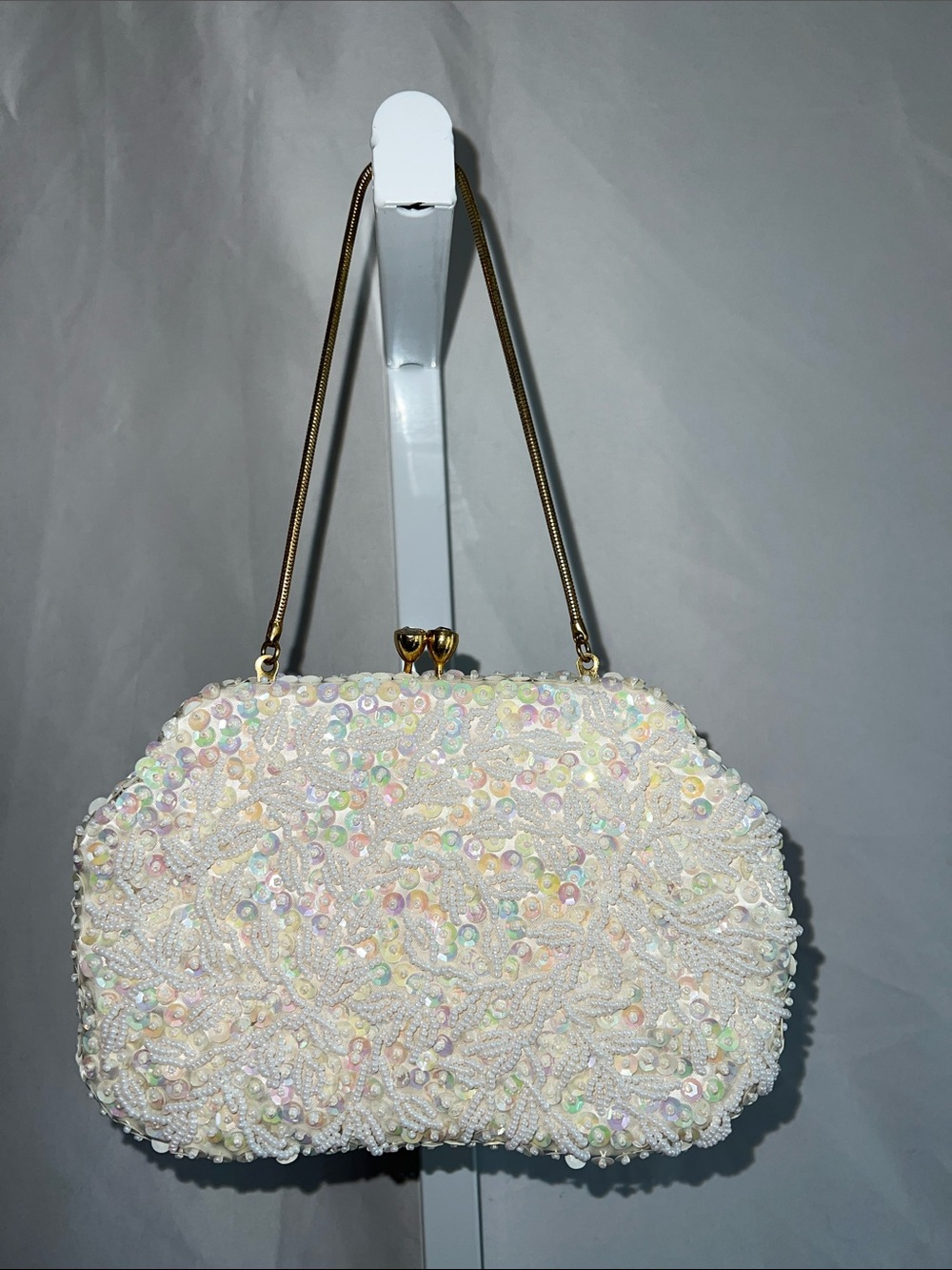 Source Unknown Ivory Pearl & Sequin Beaded Evening Clutch Vintage 1950s